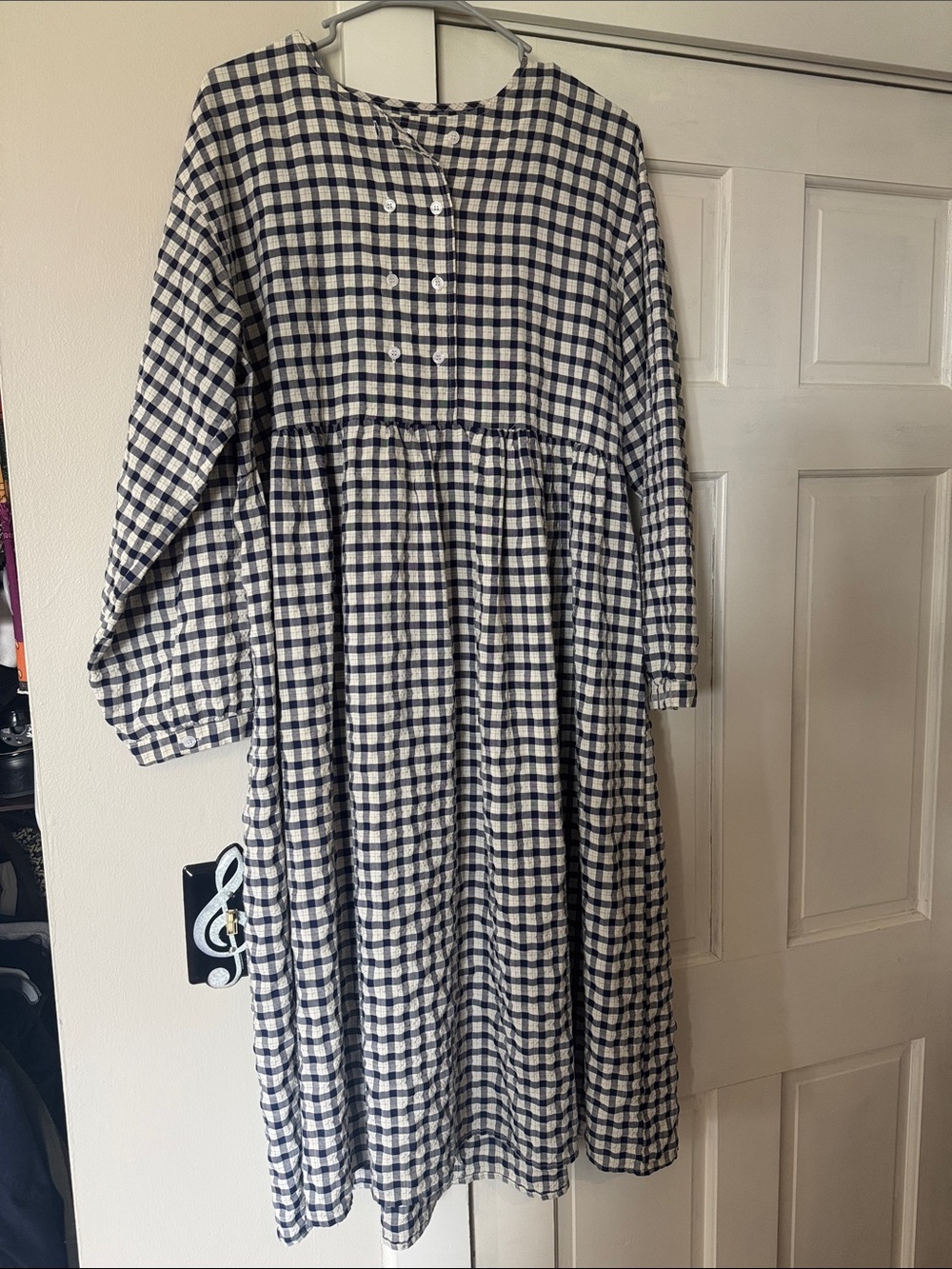 Gingham Button Front Midi Dress in Navy & Cream